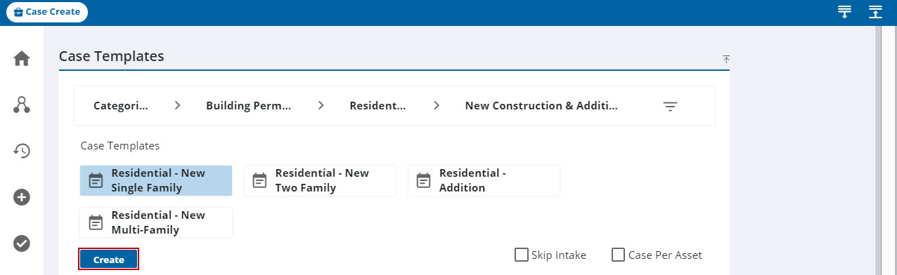 Image of Case Templates with Create highlighted