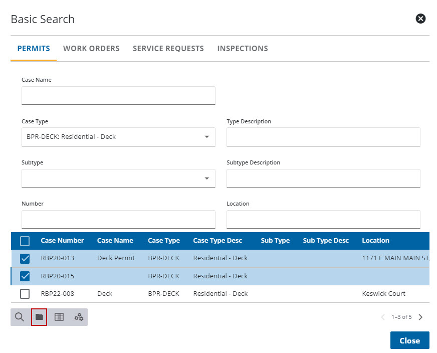 Image of Basic Search panel with multiple cases selected and Open Work Activities highlighted