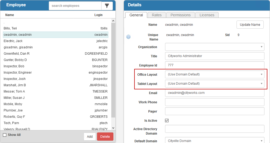 Layout fields on the Details panel for an employee.