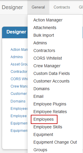 Employees option under Designer's General menu.